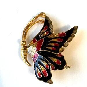 Butterfly Brooch Red Black Enamel Rhinestone Gold Tone Pin